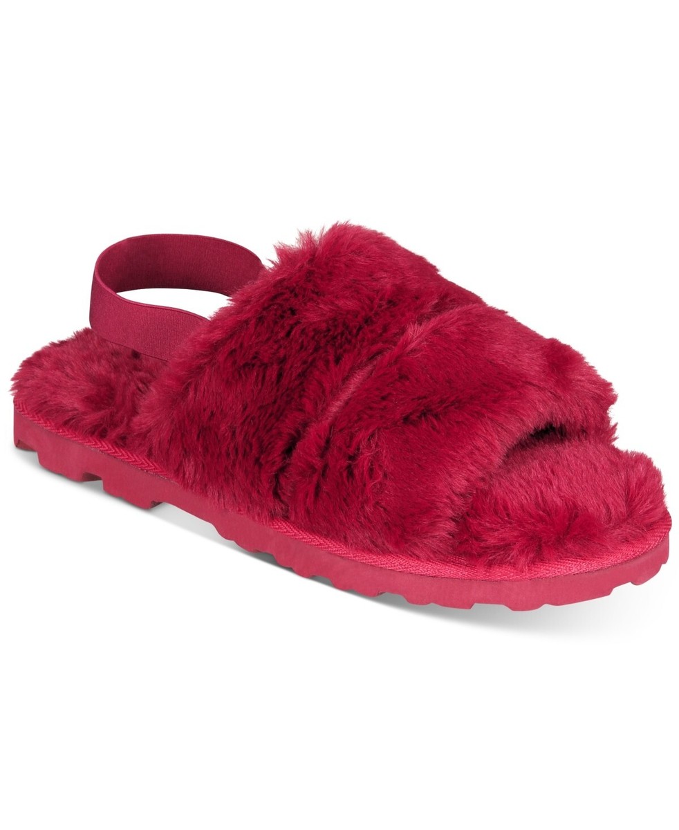 INC Mens Faux Fur Slingback Slippers Red Indoor Outdoor Flat Shoes