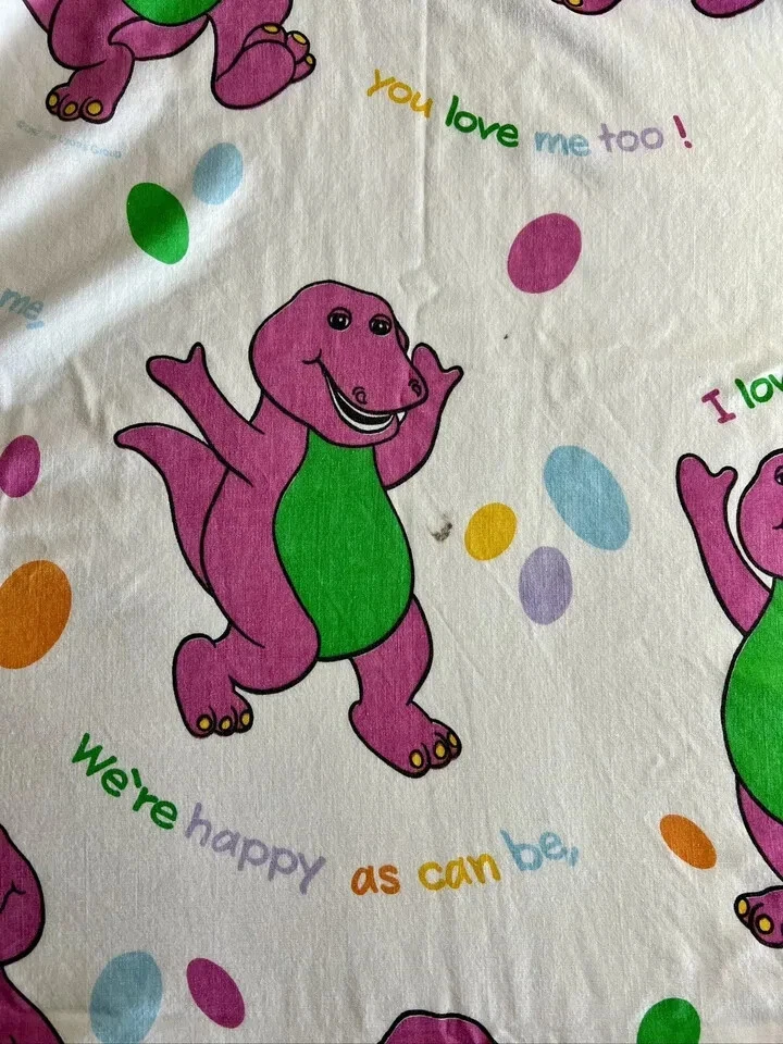 Vintage 1992 Barney Purple Dinosaur 90” x 67” Twin Bed Sheet “I Love You” - Image 2 of 4