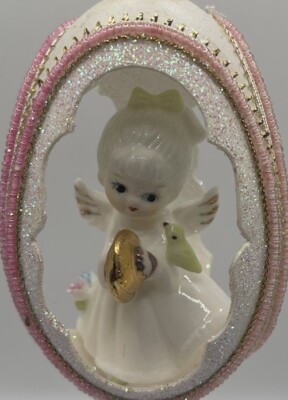 Vintage Christmas Mid Century Embellished Egg Angel With Bird Elegant Ornament