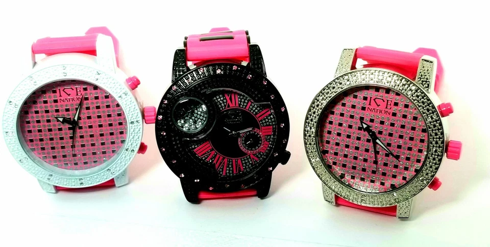 Women's Pink & Black Big Face CZ Pink watch ice out watch w/Floating stones - Image 4 of 4