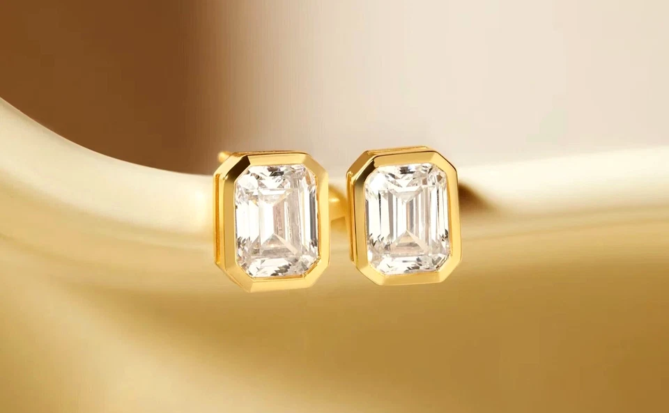 14K Gelbgold Solitär Ohrstecker 1,20 Ct Smaragdschliff Laborgezüchteter Diamant - Bild 2 von 4