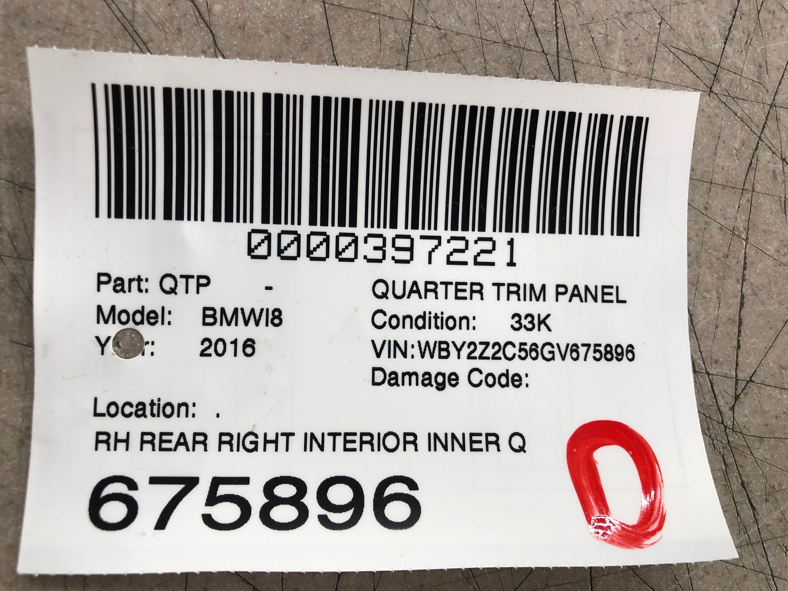 2014-2020 BMW I8 REAR RIGHT INTERIOR INNER QUARTER TRIM PANEL BLACK 5143-7335812