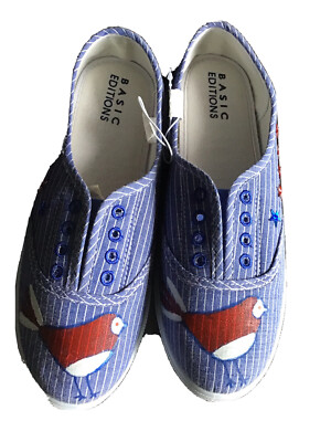 Brand New Blue /White Women s Convas Slip on Shoes. Hand Painted Bird S 8