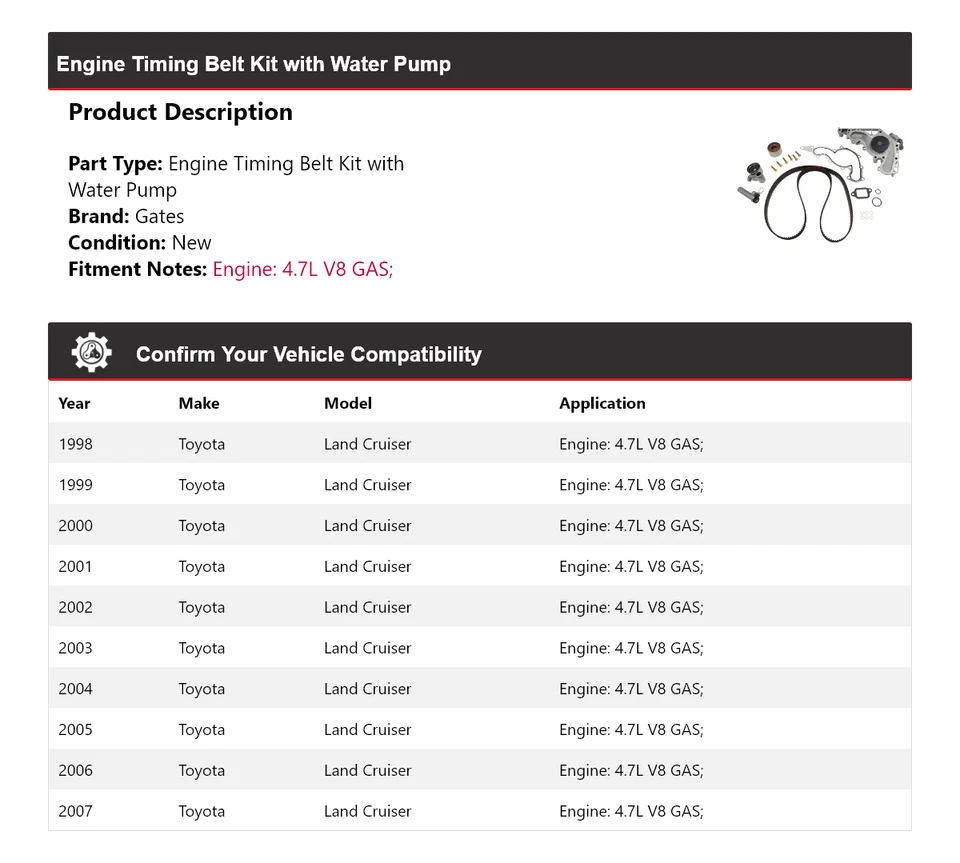 Kit de correa de distribución del motor Toyota Land Cruiser 1998-2007 con puertas de bomba de agua Foto 2 de 4