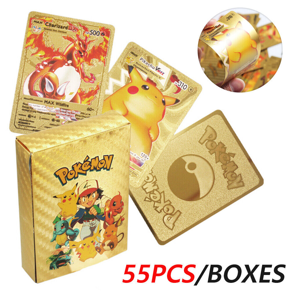 55Pcs New Pokemon Card Metal Silver Gold Mint Vmax GX Charizard Collection Boxes