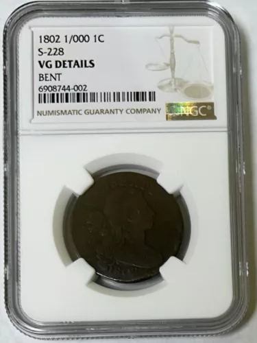 1802 S-228 1/000 Draped Bust Large Cent 1C NGC VG Details Bent Very Good Details
