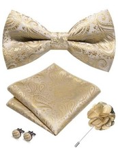 Paisley Bow Tie and Pocket Square with Lapel Pin,Cufflinks Set Champagne