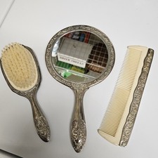 Vintage Silver Plate Mirror Brush and Comb Set Antique Victorian Vanity Ornate