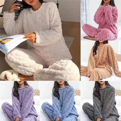 JUNHAO-SHOP Womens Pyjamas Sets Warm Fleece Loungewear Pjs Winter Soft Fluffy Nightwear UK