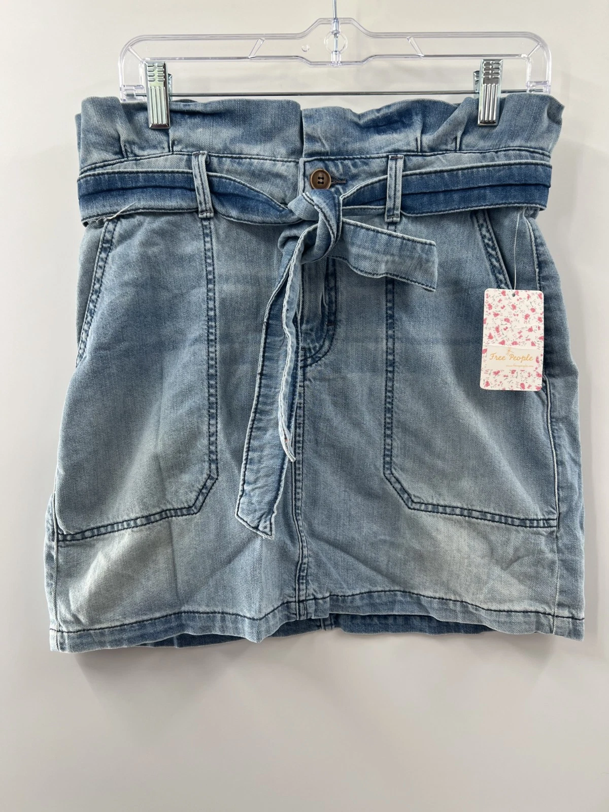 Free People Splendor In The Grass Paperbag Denim Tie Waist Mini Skirt Size 8