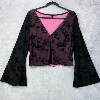 Whimsigoth Bell Sleeve Mesh Velvet Burnout Top Womens sz 3XL Goth sheer y2k