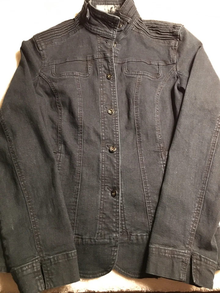 Chaqueta de vestir francesa FDJ para mujer M negra denim elástica con botones Foto 3 de 4