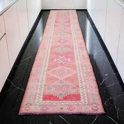 3x14 Runner Rug Turkish Hand-knotted Extra Long Hallway Rug Kitchen Decor PINK