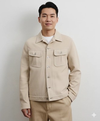 Men Beige Causal Suede Trucker Genuine Lambskin Leather Handmade Jacket Stylish