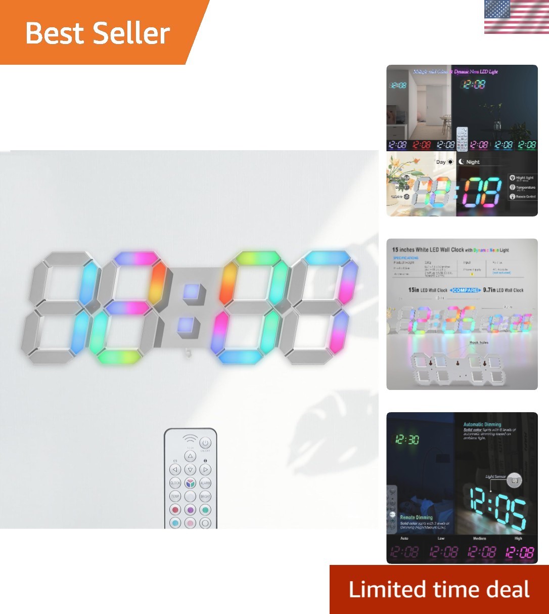 15” RGB LED Wall Clock - Digital Neon Light Clock for Modern Decor