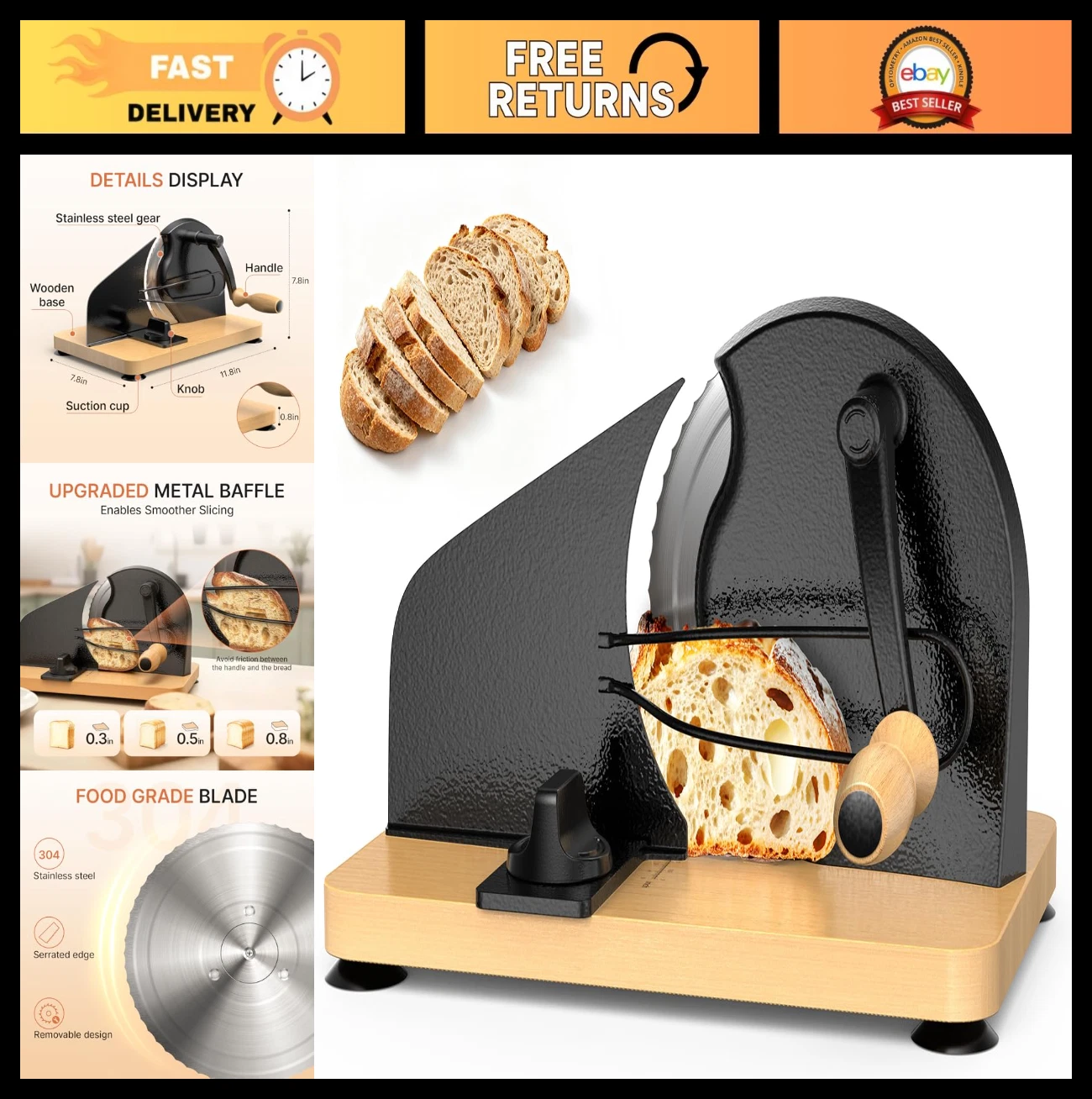 Manual Bread Slicer for Homemade Sourdough - Adjustable Thickness, Sharp Blade,