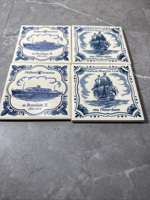 4 Holland Blue White Tiles Coaster Trivets SS Rotterdam 1995 Ms Noordam