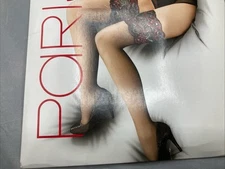 20 Denier Sheer Beige, Black Lace Hold Ups - Marilyn Paris Hosiery M/L Poland