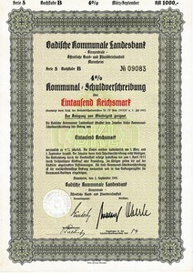 Badische Kommunale Landesbank 4% Schuldverschreibung 1000 RM 1941 Nr. 09083