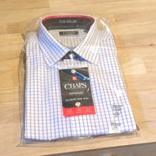 Chaps Non-Iron Stretch Plaid Dress Shirt Blue/White Reg Fit 17.5 34/35 XL