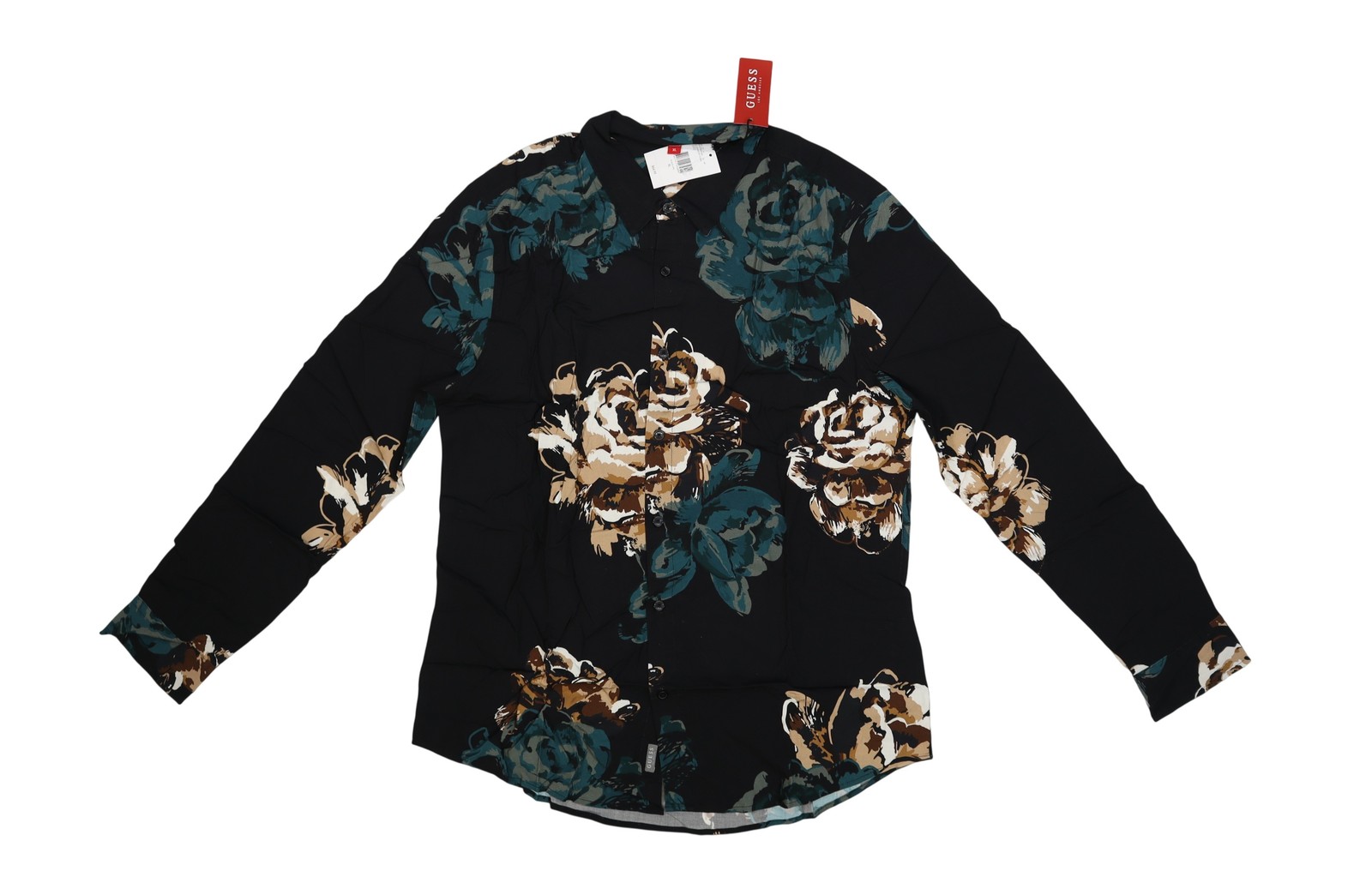 GUESS Shirt Womens XL Black Floral Slim Fit Button Up Collared Long Sleeve Top