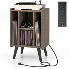 Stylish Record Player Stand with Charging Station  Vinyl Storage, Grey Oak