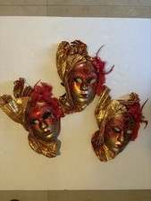 Lot of 3 Venetian Masquerade Masks - Crimson Red  Gold - Luxury Wall Decor Art