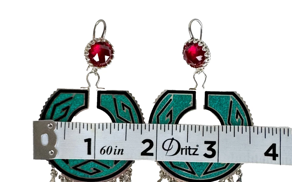 Gucci $1,550 Auth Enamel Synthetic Ruby Geometric Garden Drop Earrings Silver - Image 3 of 4