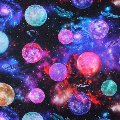 100% Baumwollstoff - Am Anfang Sci Fi Raumschiff Rakete Galaxie