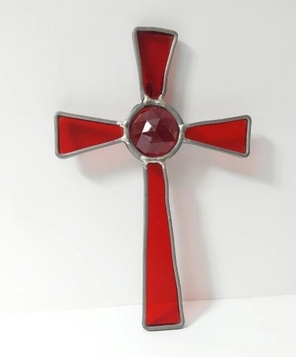 Vintage Bevel Stained Glass Cross Red 6" x 4" - Picture 10 of 10