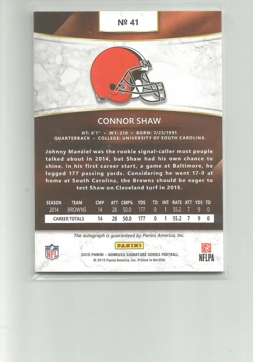 2015 DONRUSS SIGNATURE SERIES #41 CONNOR SHAW    Auto - Image 2 of 2