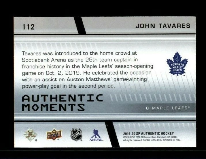 2019-20 SP Authentic #112 John Tavares AM (ref 98487) - Image 2 of 2
