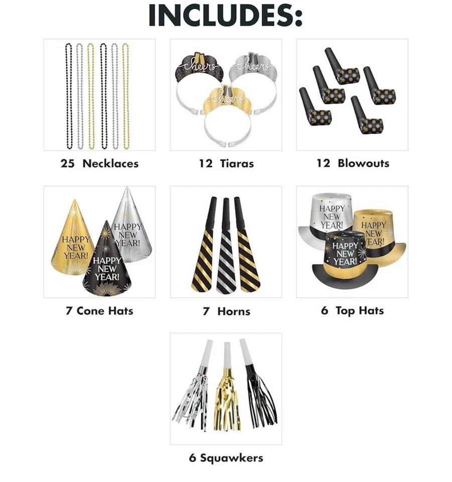 New Year’s Eve 75 Piece 25 Guest Kit Black, Gold, Silver Party City - Image 3 of 3