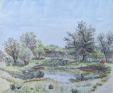 Acquerello Paesaggio Autunnale Con Alberi E Arbusti Alle Acque Impressionista