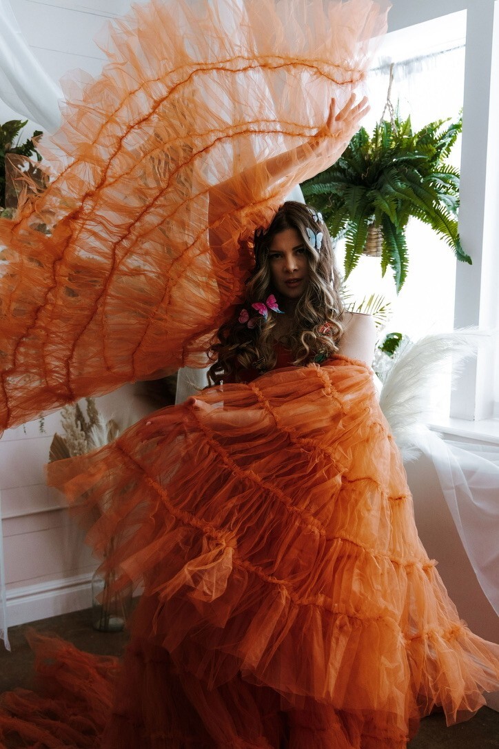 Custom Orange Rust Ember Ruffle Dramatic Corset T… - image 9