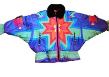 Vintage Gallery Puffy Jacket Coat Women M Multicolor 80s 90s Fur Collar Zebra