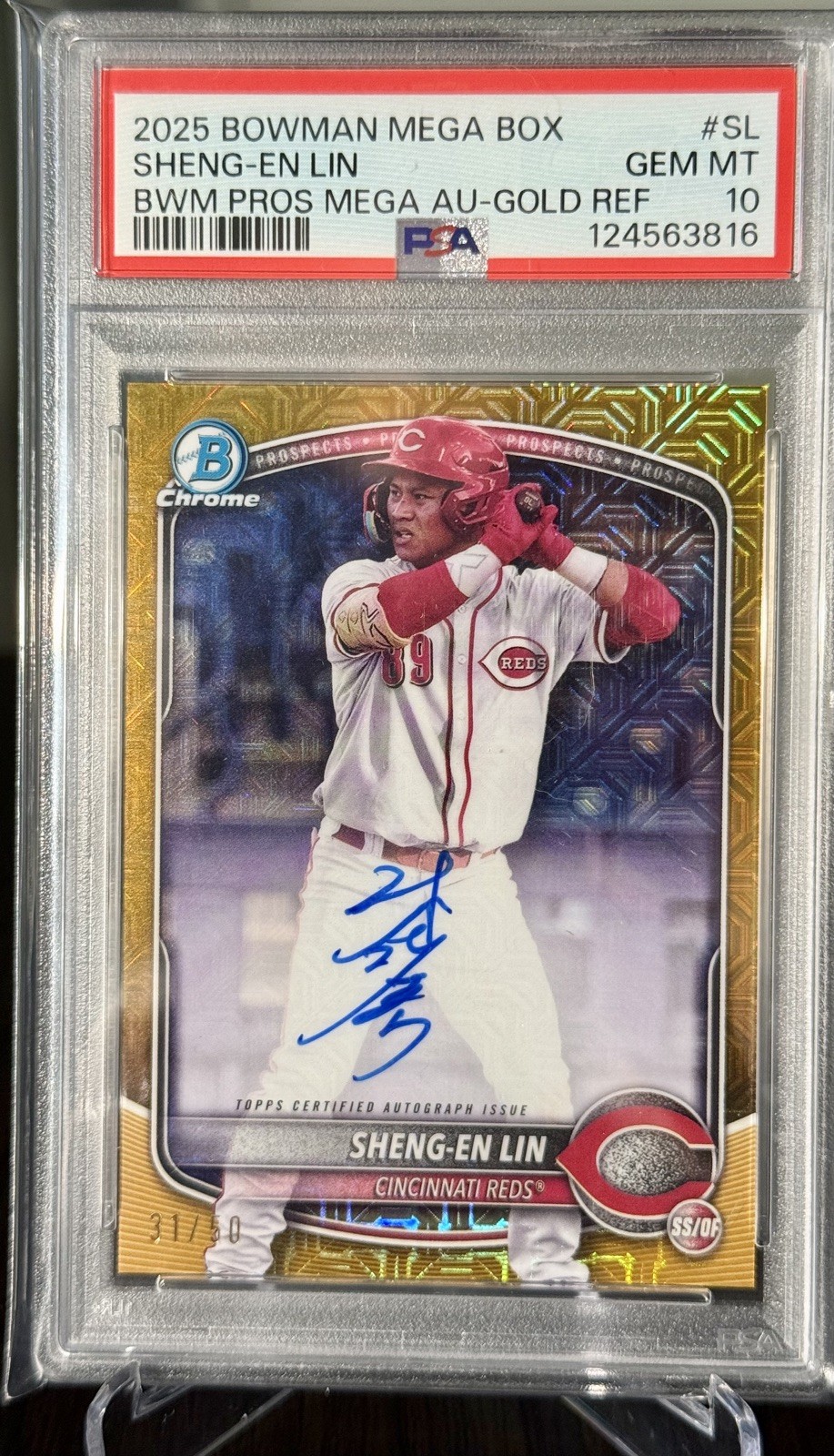 2025 Bowman Chrome Sheng-En Lin Gold Mojo Refractor Auto /50 Reds