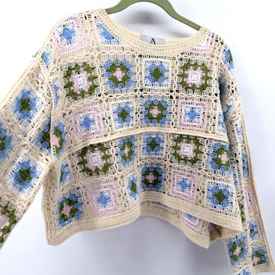 Cropped Crochet Sweater Womens L Boho Cottagecore Granny Square Knit