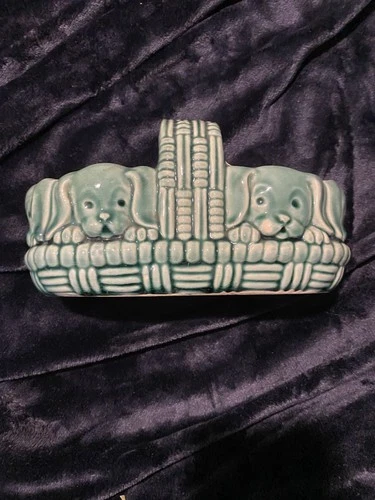 Vintage Brush McCoy Puppies Dogs Ceramic Basket Planter Collectible Decor Green
