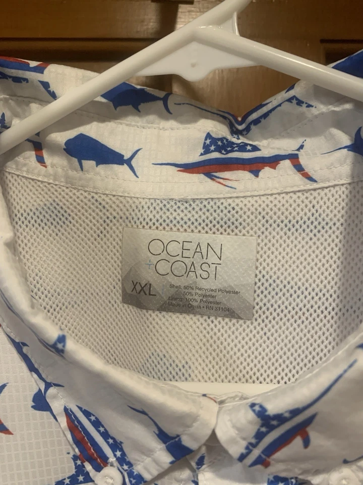 Ocean Coast Mens 2XL Fishing Shirt Vented Short Sleeve Red/white/blue Fish Print - Image 2 of 4