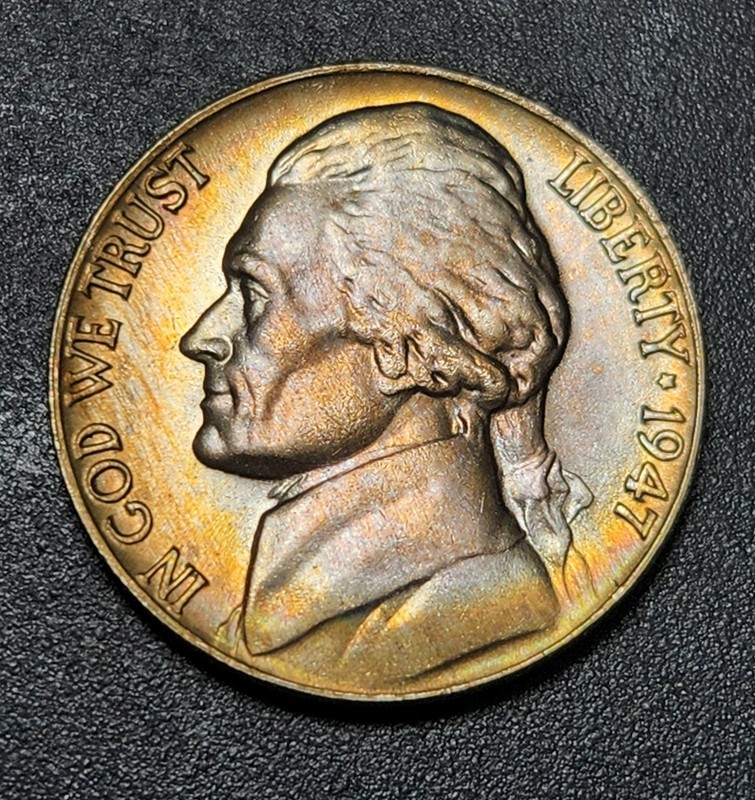 🌈 Toned 1947 Jefferson Nickel- UNCIRCULATED 5 Full Steps