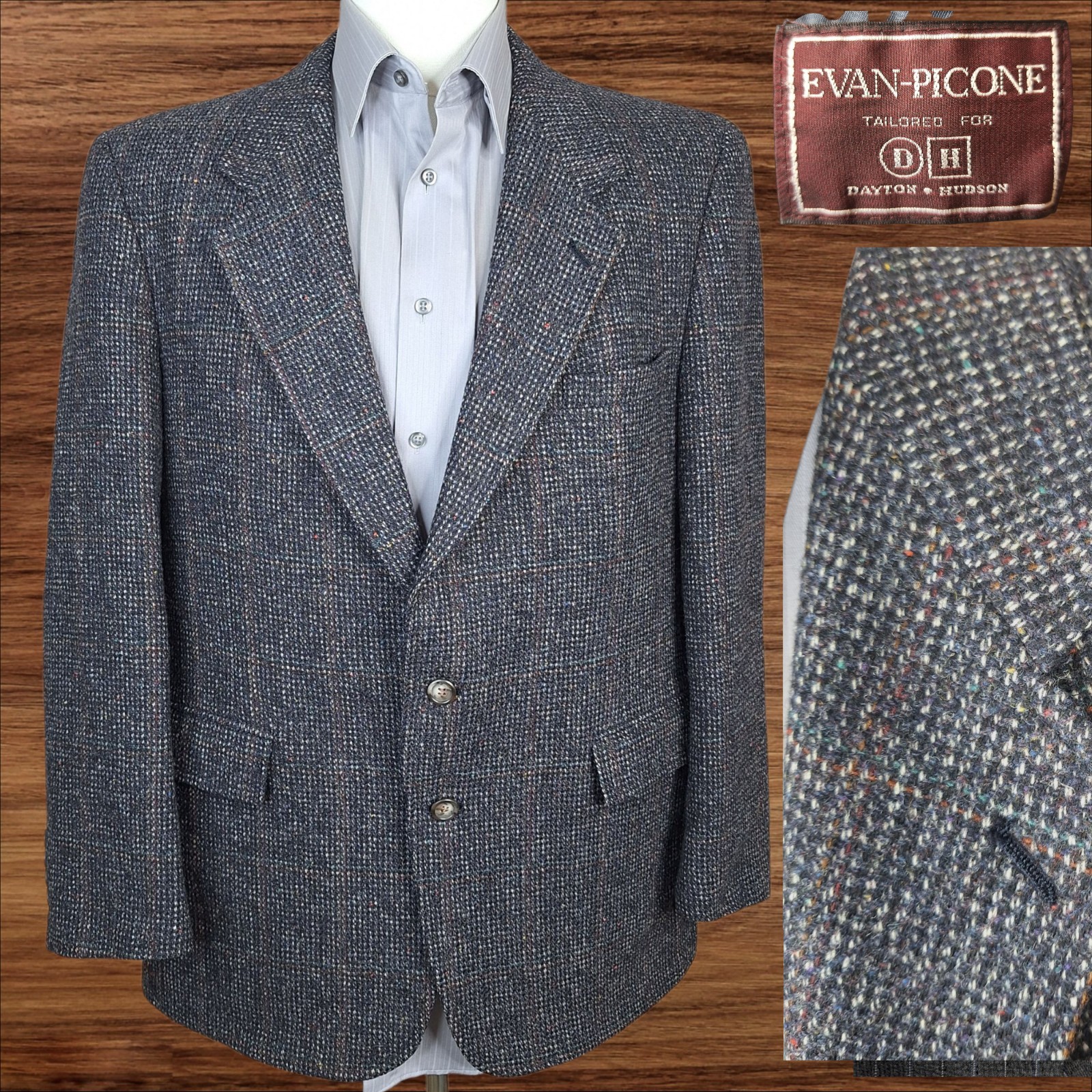 Evan Picone Jacket Blazer Mens 44R Multicolor Check Tweed Wool VTG