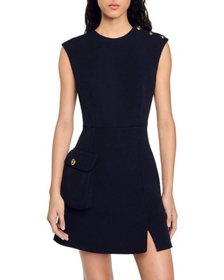 $415 SANDRO Nicole Mini Dress with Buttons | Marine | French 42, US 10