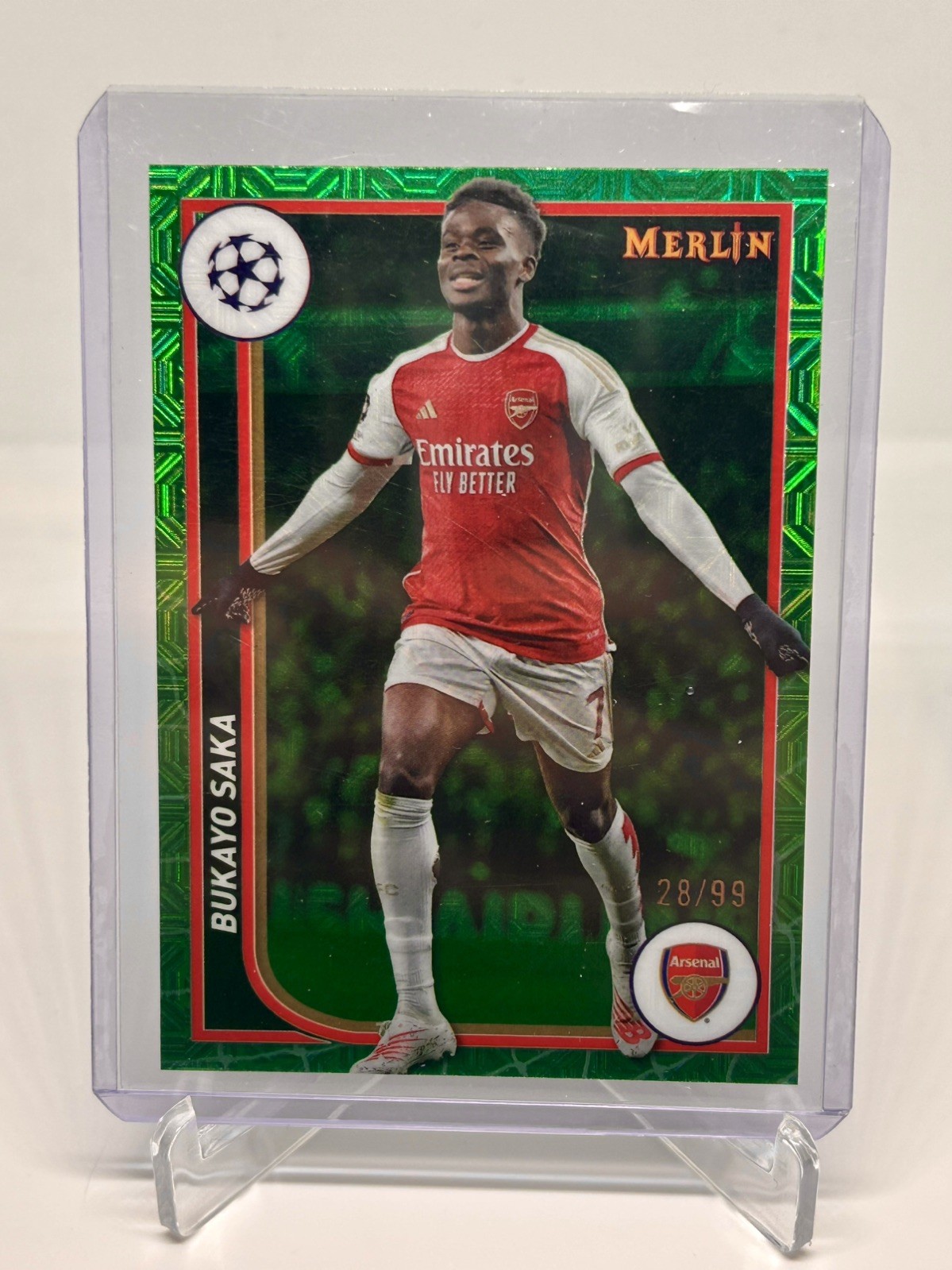 Bukayo Saka 2023 Topps Chrome Merlin UEFA #11 Green Mojo Refractor /99