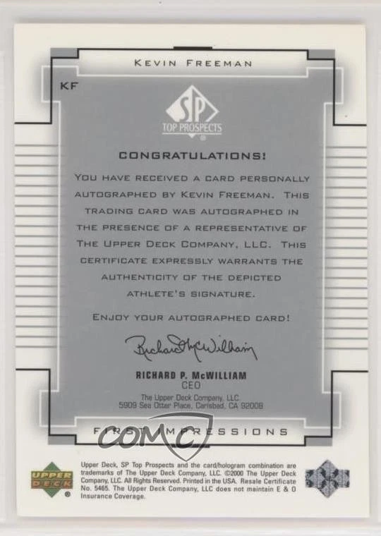 2000-01 SP Top Prospects First Impressions Kevin Freeman #KF Auto - Image 2 of 2