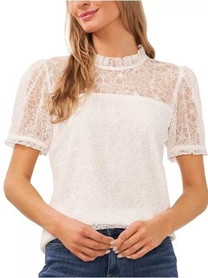 CeCe Ivory White Floral Lace Ruffled Neck Short Puff Sleeve Blouse Size XS NWT
