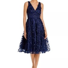 Eliza J Navy Blue V Neck Floral Fit and Flare Dress Size 2