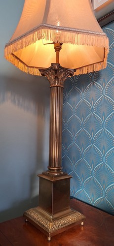 Atemberaubende große antike Säule korinthisch Messing Tisch, Stehlampe & Schirm H94cm - Bild 3 von 8