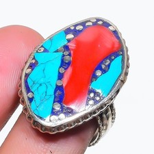 Red Coral Turquoise Adjustable Ring Handmade Boho Tibetan Nepali Jewelry NR 3364