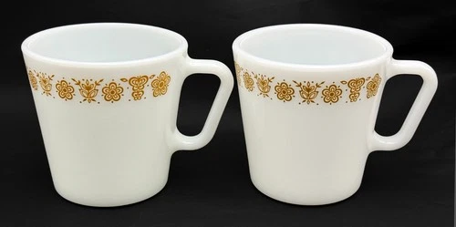 Set of (2) Vintage PYREX Butterfly Gold #1410 D-Handle Ceramic Coffee Cups Mugs